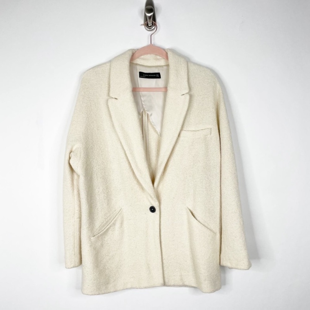 ZARA Single Button Tweed Coat M Cream Off White Shawl Lapel Notch
